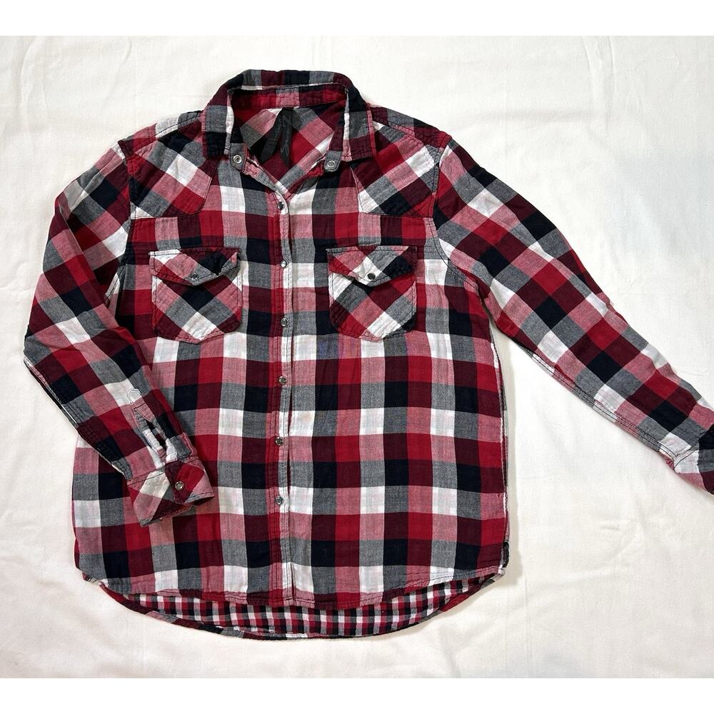 Seven7 For All Mankind Red Black White Plaid‎ Flannel Shirt Mens Medium M Collar
